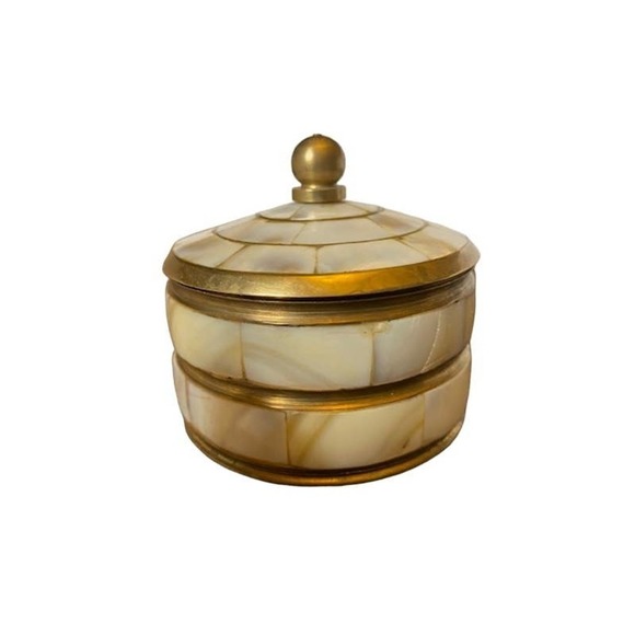 Vintage Brass Lidded Round Trinket Box Mother of Pearl - Picture 1 of 4